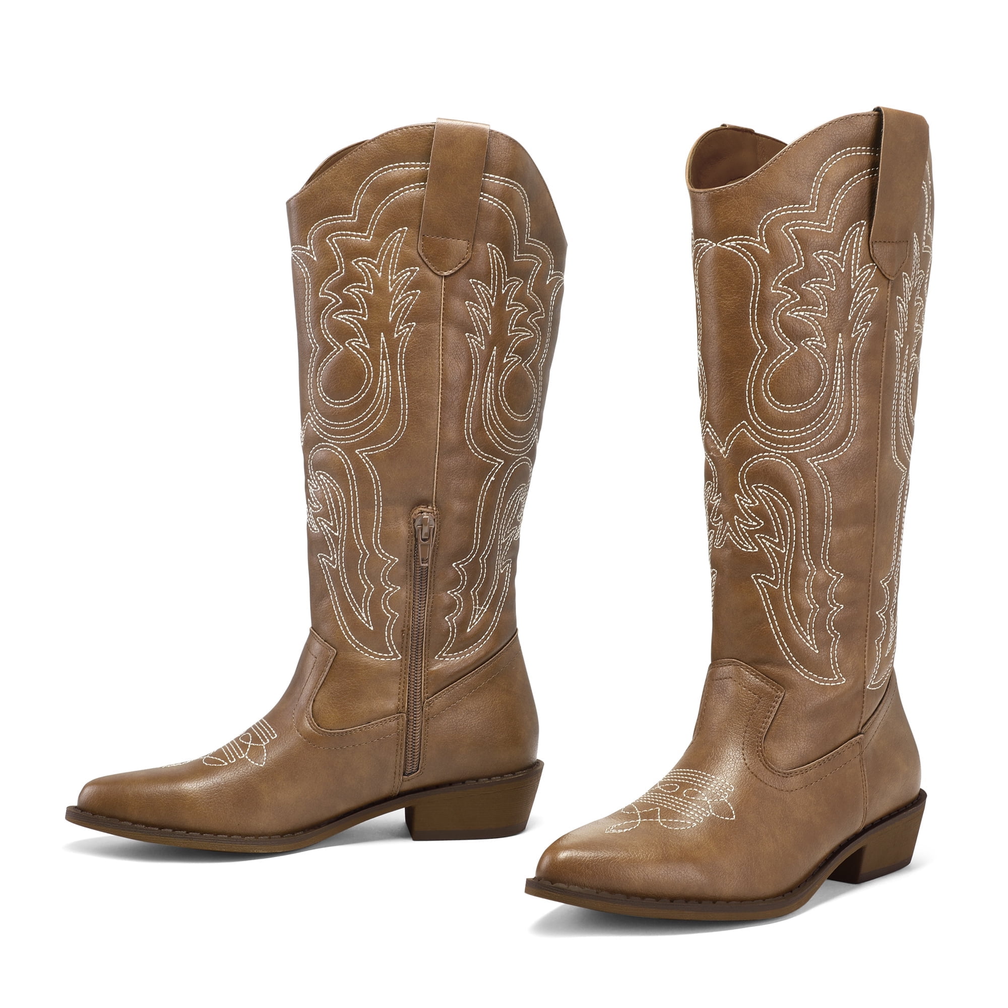 Pennysue Cowboy Boots For Women Light Brown Knee High Western Cowgirl Boots Snip Toe Side Zipper Chunky Heel Size 10