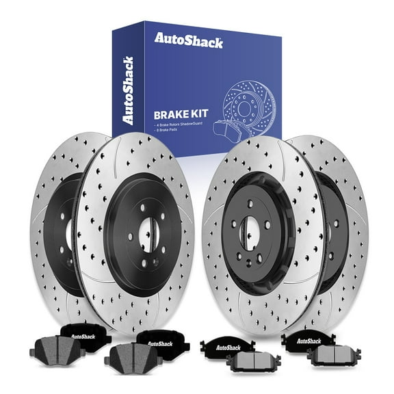 AutoShack Front Vented & Rear Vented Drilled & Slotted E-Coated Brake Rotors   Ceramic Pads 12-PC Brake Kit Replacement for 2018-2019 Ford Explorer 2012 Ford Flex 2015 Lincoln MKT ShadowGuard