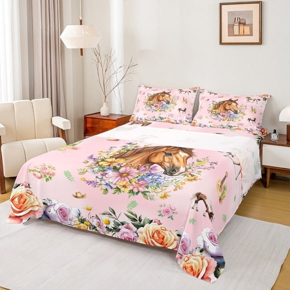 Erosebridal Farmhouse Horse Twin Sheet Sets,Chic Botanical Flower Bedding Twin Size,Western Cowgirl Style Bed Sheets Set Twin Size,Microfiber Bedroom Decor,3pcs