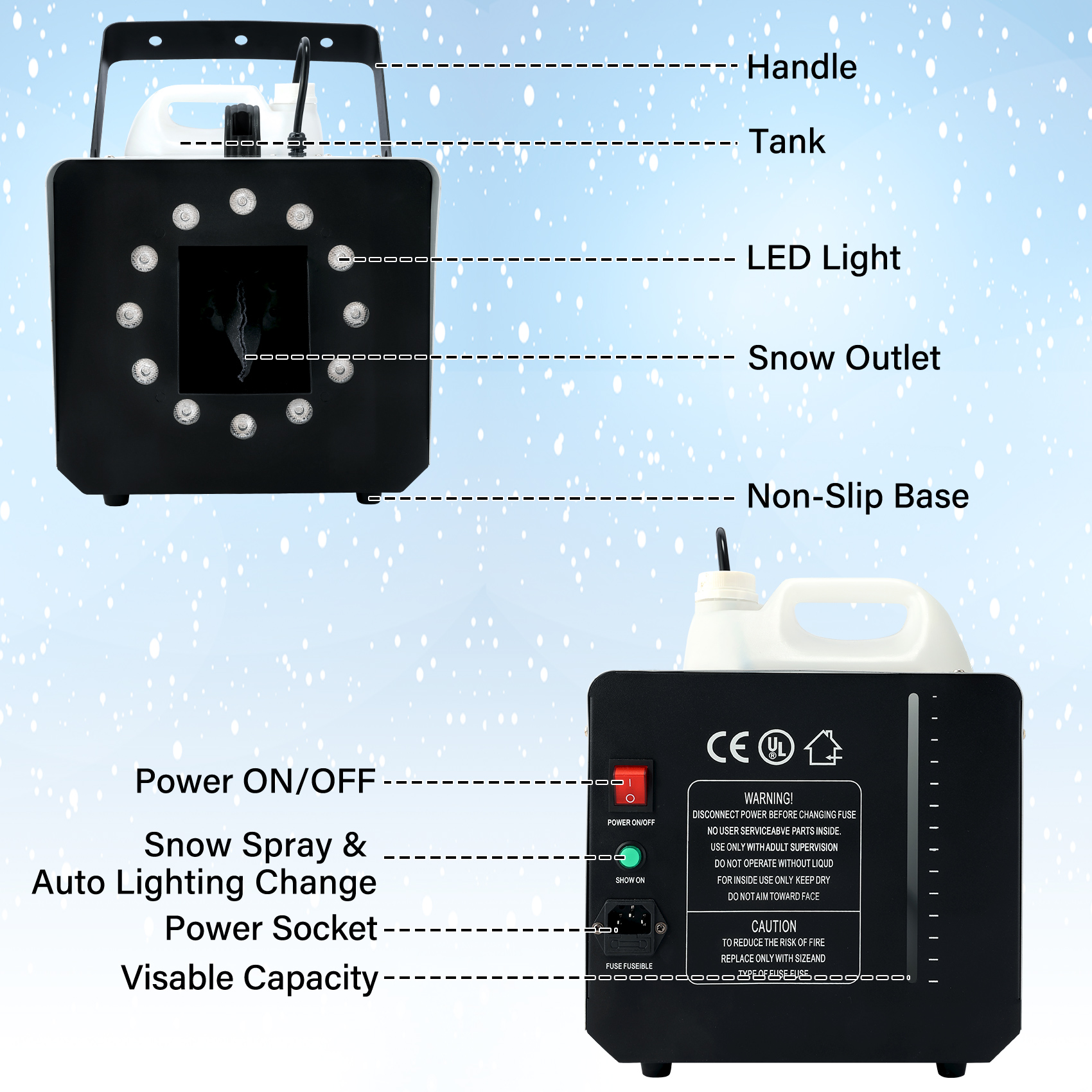 TCFUNDY 1500W Snow Machine w/ 9 RGB LED Lights, Adjustable Lighting, w/ Dual-Control Remote for Christmas, Snow and Light Effects