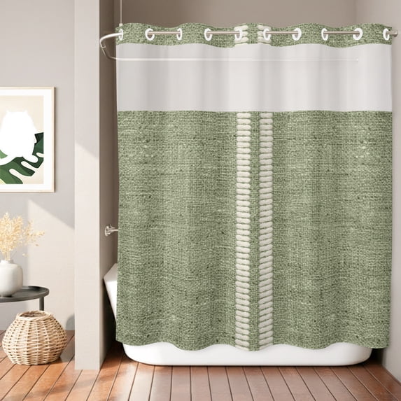 No Hook Shower Curtain, Sage Green Striped Shower Curtains for Bathroom with See Through Top Window, Rustic Vertical Stripes Linen Texture Waterproof & Washable Bath Curtain 66"x72"