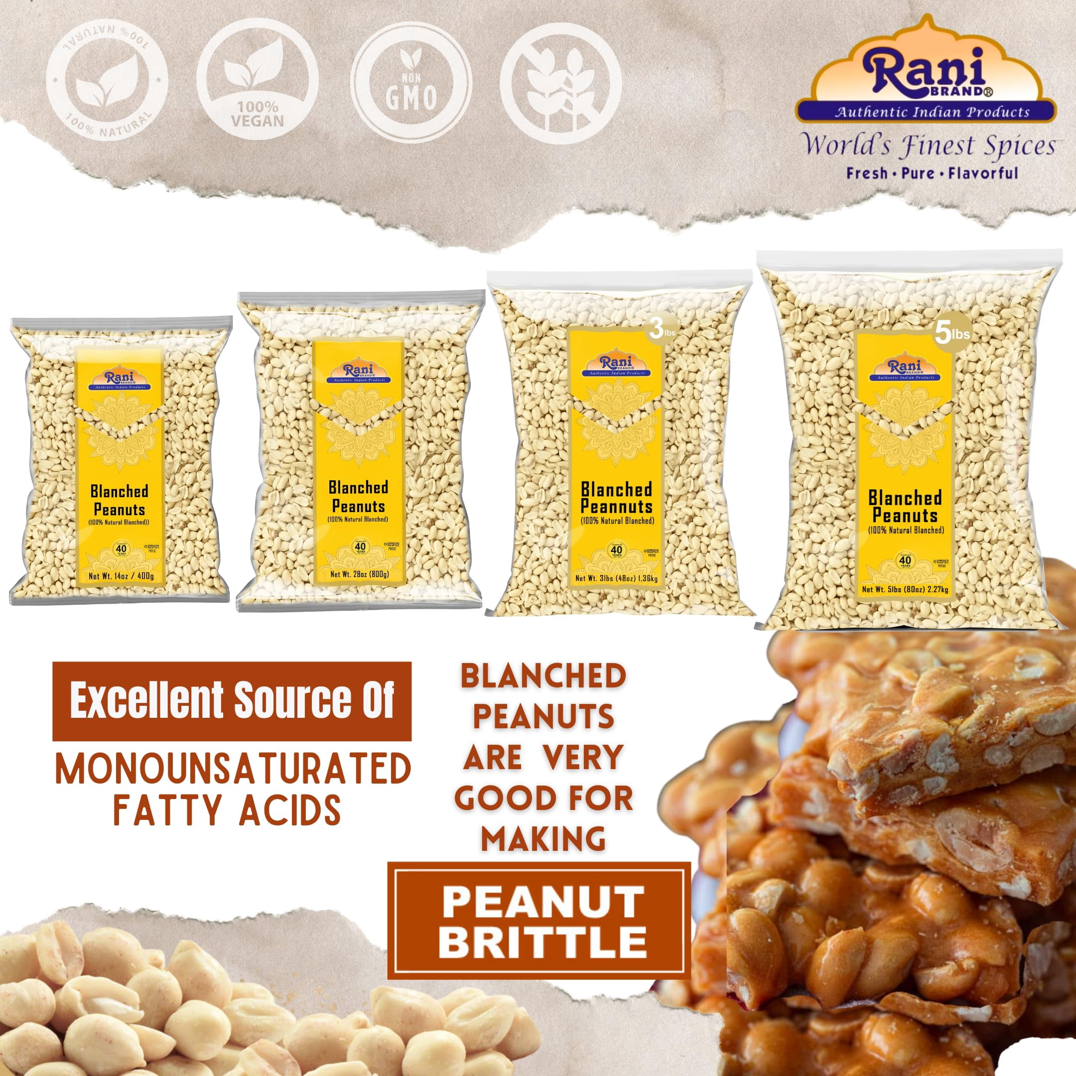 Rani Peanuts Skinless (Blanched, Uncooked) 80oz (5lbs) 2.27kg Bulk ~ All Natural | Vegan | Gluten Friendly | Kosher  ~ Spanish Grade Groundnuts