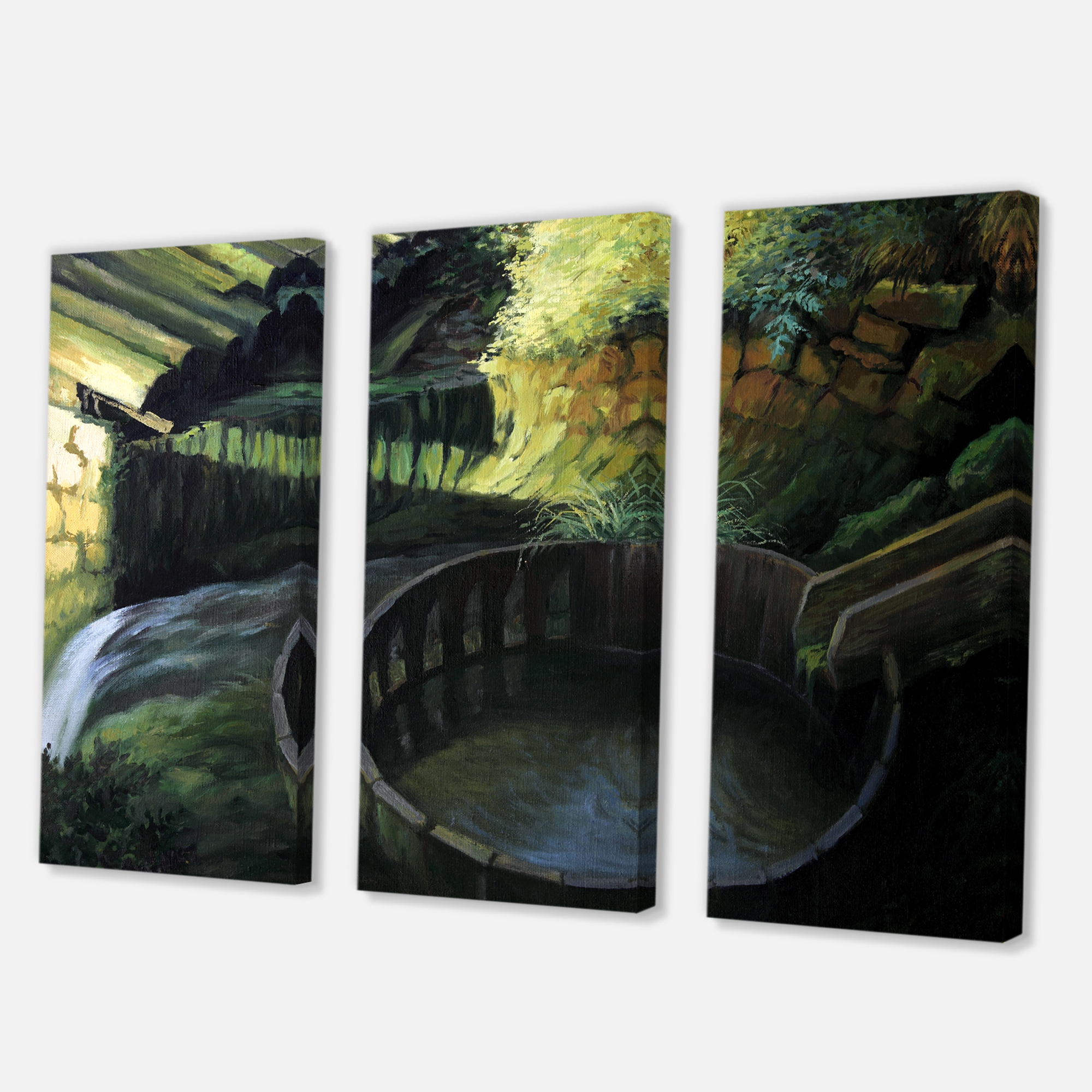 Designart ' Old Watermill In Green Nature Landscape ' Lake House Canvas Wall Art Print