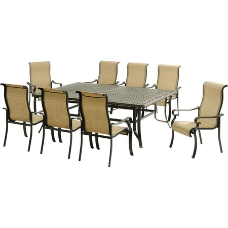 Hanover Brigantine 9-Piece Modern Outdoor Dining Set | 8 Sling-Back Chairs | 60 x 84 Cast-Top Table | Weather Rust UV Resistant | For Patio Deck Backyard | Tan | BRIGDN9PC