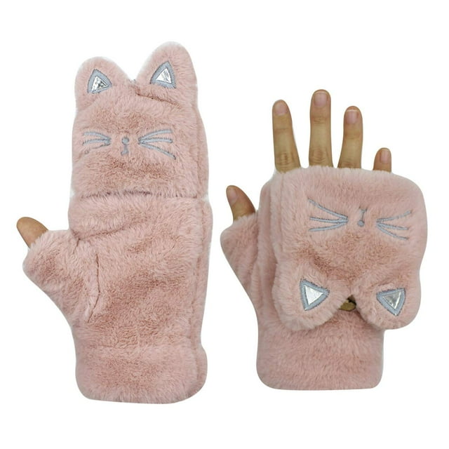 WJCA Mitaines Convertibles à Rabat pour Femmes, Conception Chaude et Douce en Peluche de Chat comme Gants Sans Doigts, pour les Activités Extérieures d'Hiver des Filles, Noir