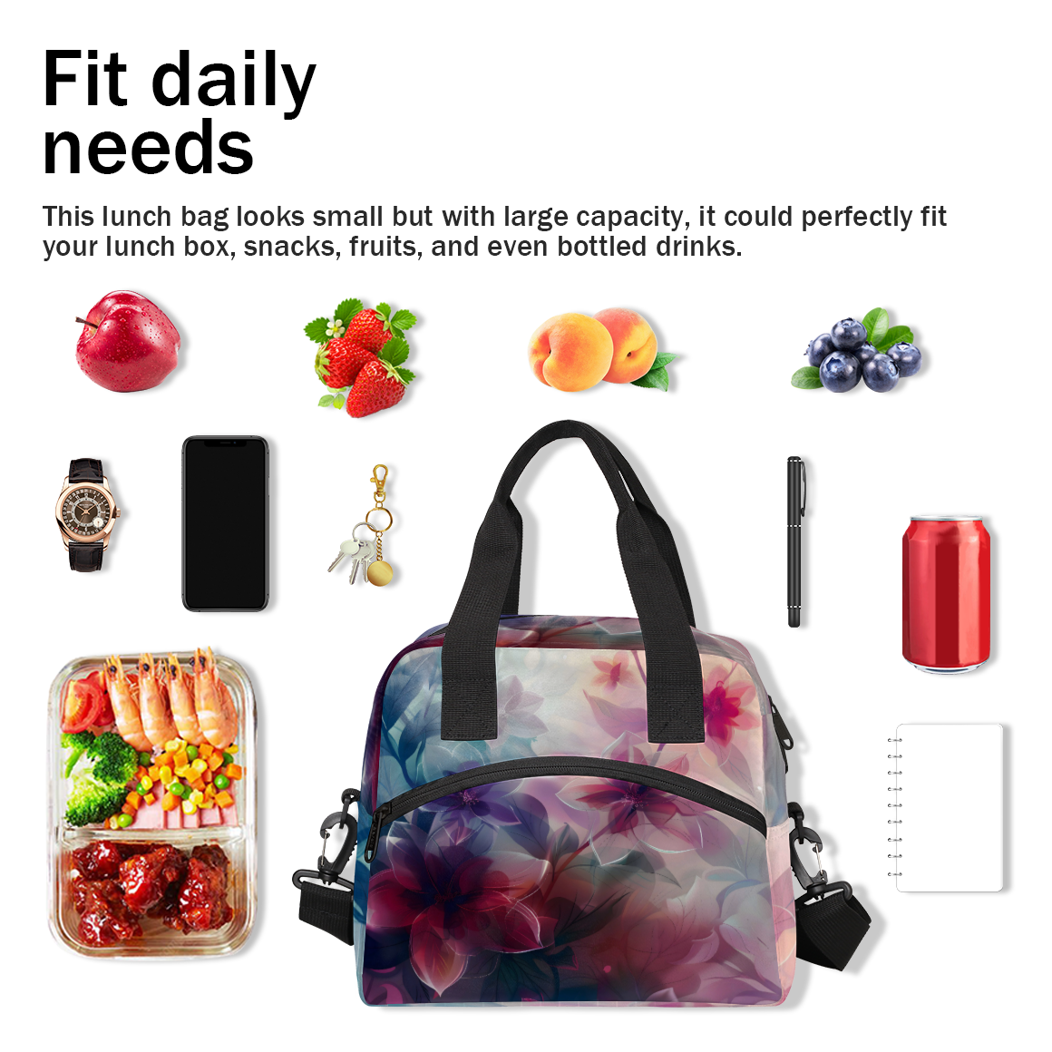 Herdesigns Floral Spring Flower Insulated Lunch Bag for Women Men Adults Large Reusable Lunch Box Leakproof Portable Cooler Tote Bags with Adjustable Shoulder Strap