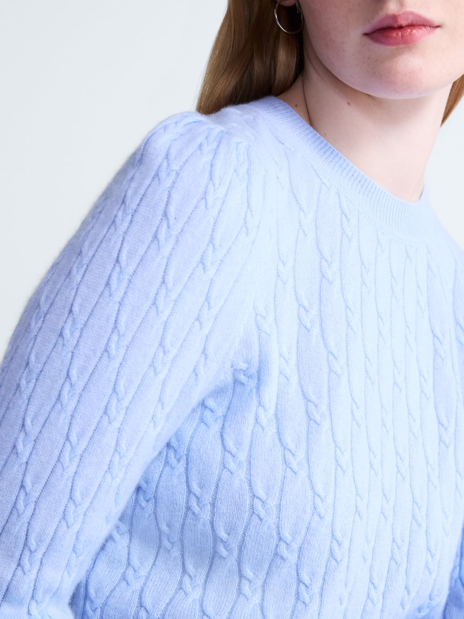 Free Assembly Women's and Women's Plus Cashmere Cable Knit Sweater with Puff Sleeves, Midweight, Sizes XS-4X