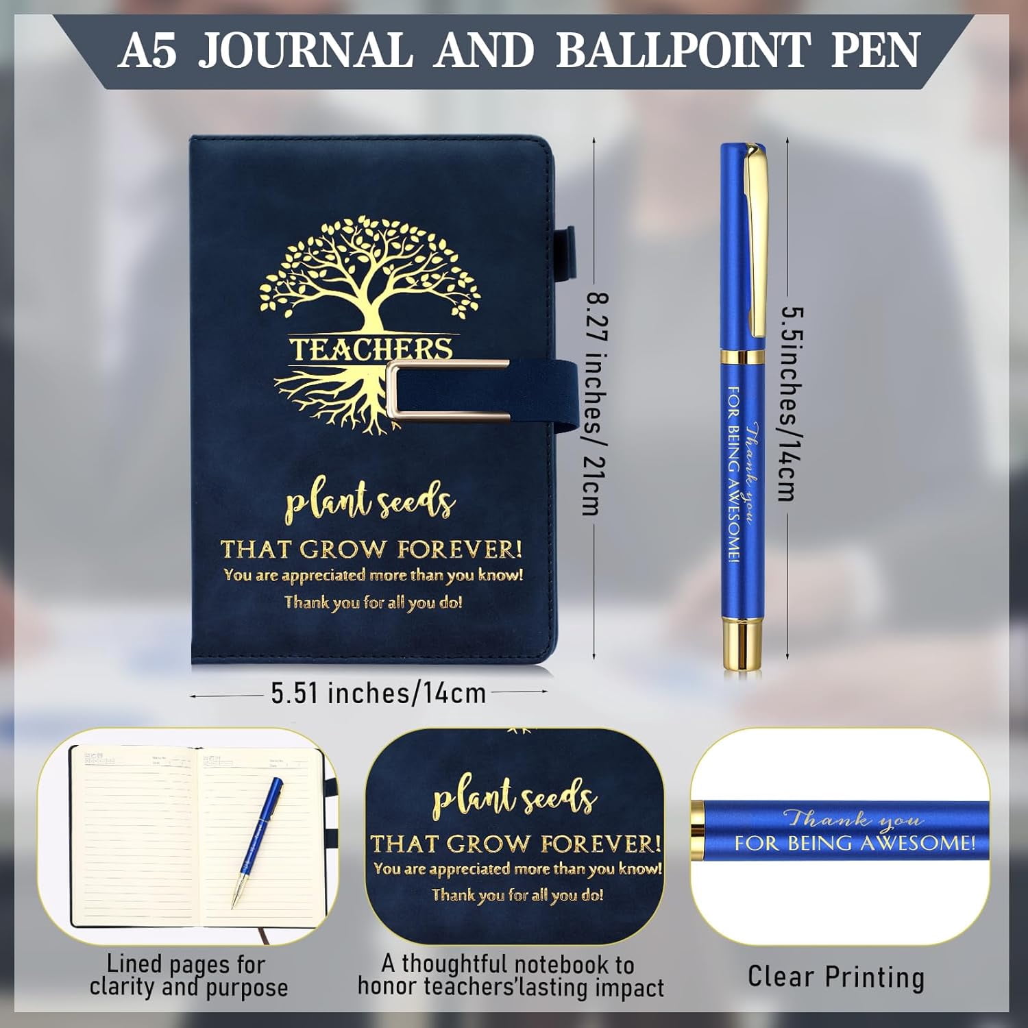 3 Pcs Teacher Appreciation Gifts End of Year Teacher Gift Set with 17 oz Coffee Tumbler A5 Leather Journal Pen Thank You Birthday Gift for Mem Women Teachers Educator (Blue)