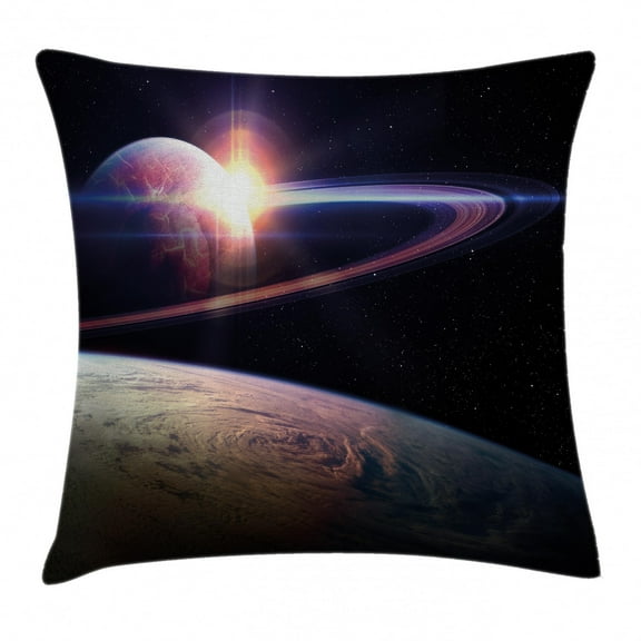 Galaxy Throw Pillow Cushion Cover, Sunset in Outer Space Universe Saturn View from Planet Earth Atmosphere in Spaceship, Decorative Square Accent Pillow Case, 18 X 18 Inches, Black Blue, by Ambesonne