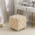 thumbnail image 2 of Velvet Ottoman Stool, Dice Shape Upholstered Foot Rest Stool with Button Tufted Decorated, Modern Comfy Vanity Chair with Gold Metal Legs for Living Room, Bedroom, Beige, 2 of 7
