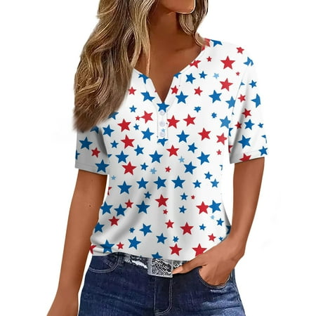 Spring Tops For Women 2025  4Th Of July Print T Shirt Button V Neck Short Sleeve Daily Weekend Basic Top Half Graphic Tees Tank Top Corset White Crop Tops Camisole Tops Workout (XXL  White) ZMTing