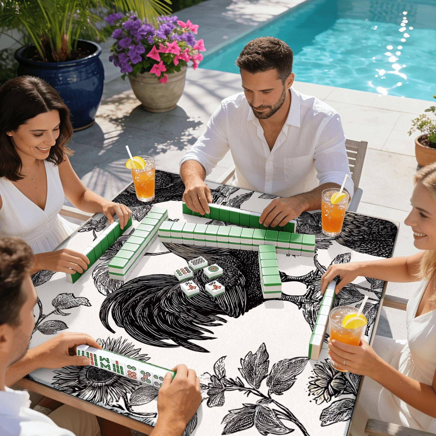 Mahjong Mat 31.5" x 31.5" Seamless Chicken rooster hen sunflowers Decorative Non-Slip Noise Reduction American Mahjong Tiles Table Cover for Dominoes Poker Card Board Games Gift