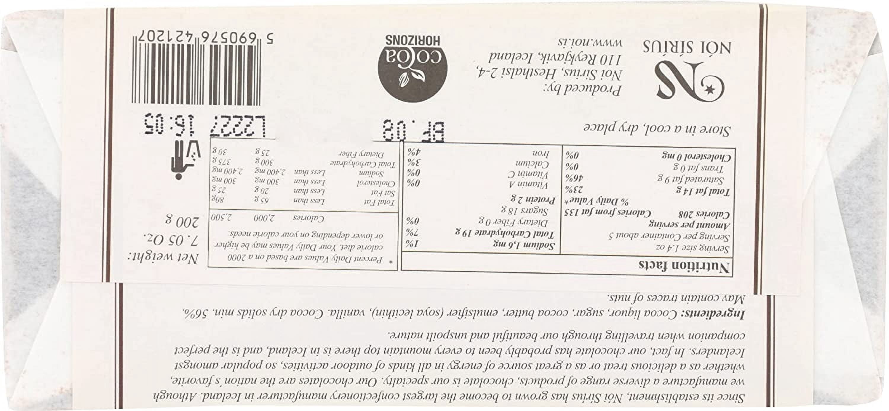 Noi Sirius Pure Icelandic Chocolate Bar - Bitter Sweet 56% (7.05 ounce)