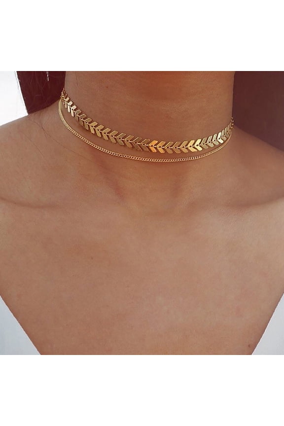 Women Double Layers Fish Bone Chain Choker Necklace for Dating