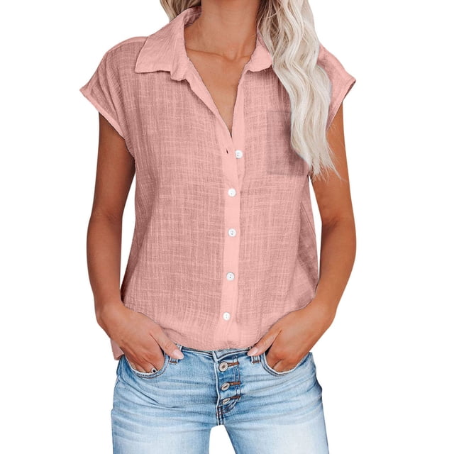 Chemises à Manches Courtes pour Femmes Mode Femmes Manches Courtes Col Rabattu Col Rond Bouton Décontracté Élastique Confortable Blouse Chemises Femmes Blouses à Manches Courtes Femmes Blouse à Manches Courtes