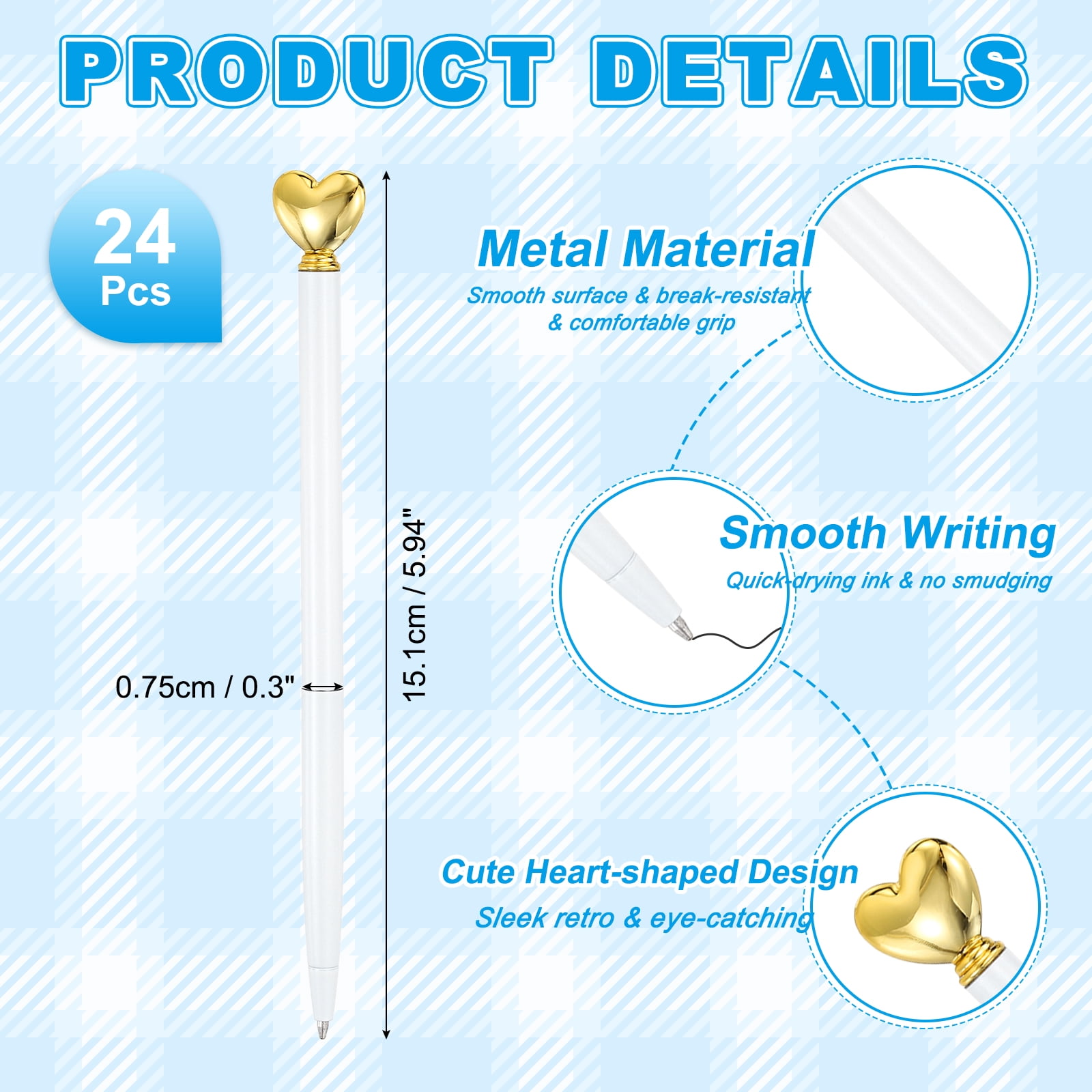 Uxcell Heart Pens 1.0 mm Black Ink, 24 Pcs Metal Cute Pens Heart Ballpoint Retractable for Women Wedding Office Party, White/Gold