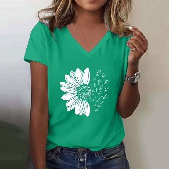 AKEGAMN Women's Sunshade Summer Plus Size Loose V-Neck Graphic T-Shirt, Green S-XXL