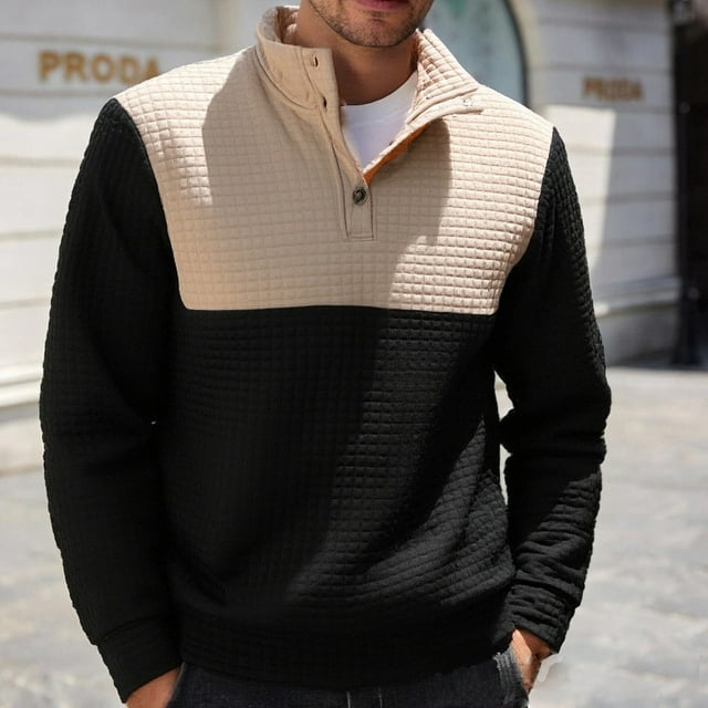 Mens Button Mock Neck Sweatshirts Long Sleeve Shirts Casual Color Block Checkered Pullover Breathable Basic Athletic Workout Sweatshirt Tops
