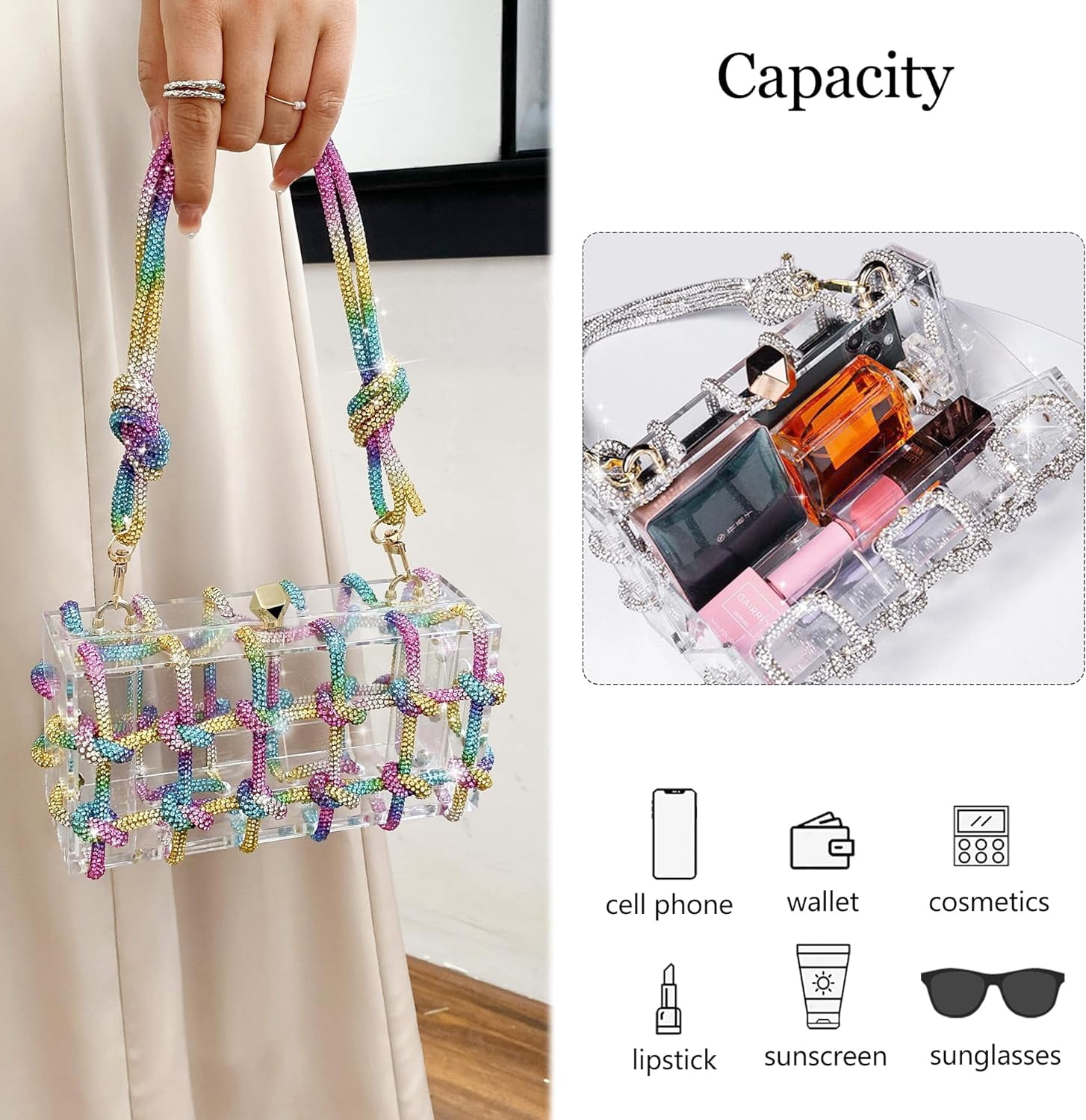 SQDWYGG Clear Acrylic Purse Bag with Rhinestones Clutch Purse Evening Clutches for Wedding and Party,1,1,1,Multicolour,Acrylic,Multi-color,Top-Handle Bag,Small