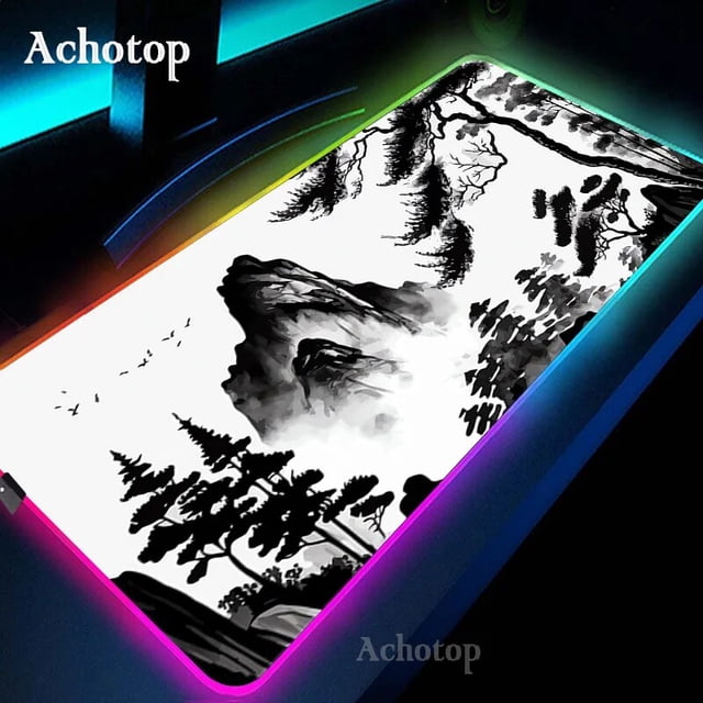 Black And White RGB Laptop Gamer Mousepad Gaming Mouse Pad Mountain Serenity Large Rug Keyboard 100x50 LED Desk Mat With Backlit