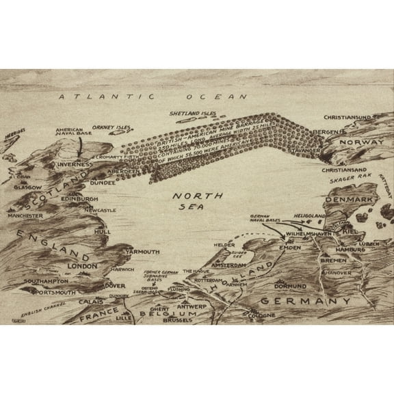 Map Of Ww1 British-American Mine Field In The North Sea. 1917-18. A Field Of Over 70 History