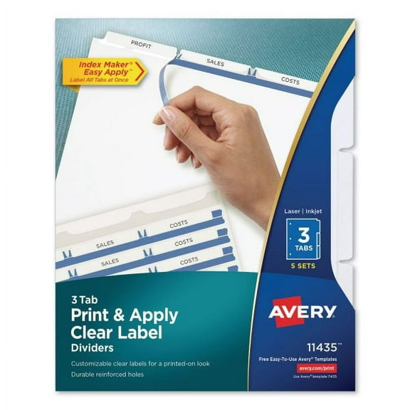 Avery Print & Apply Clear Label Dividers, 3-Tab, White Tab, Letter, 5 Sets