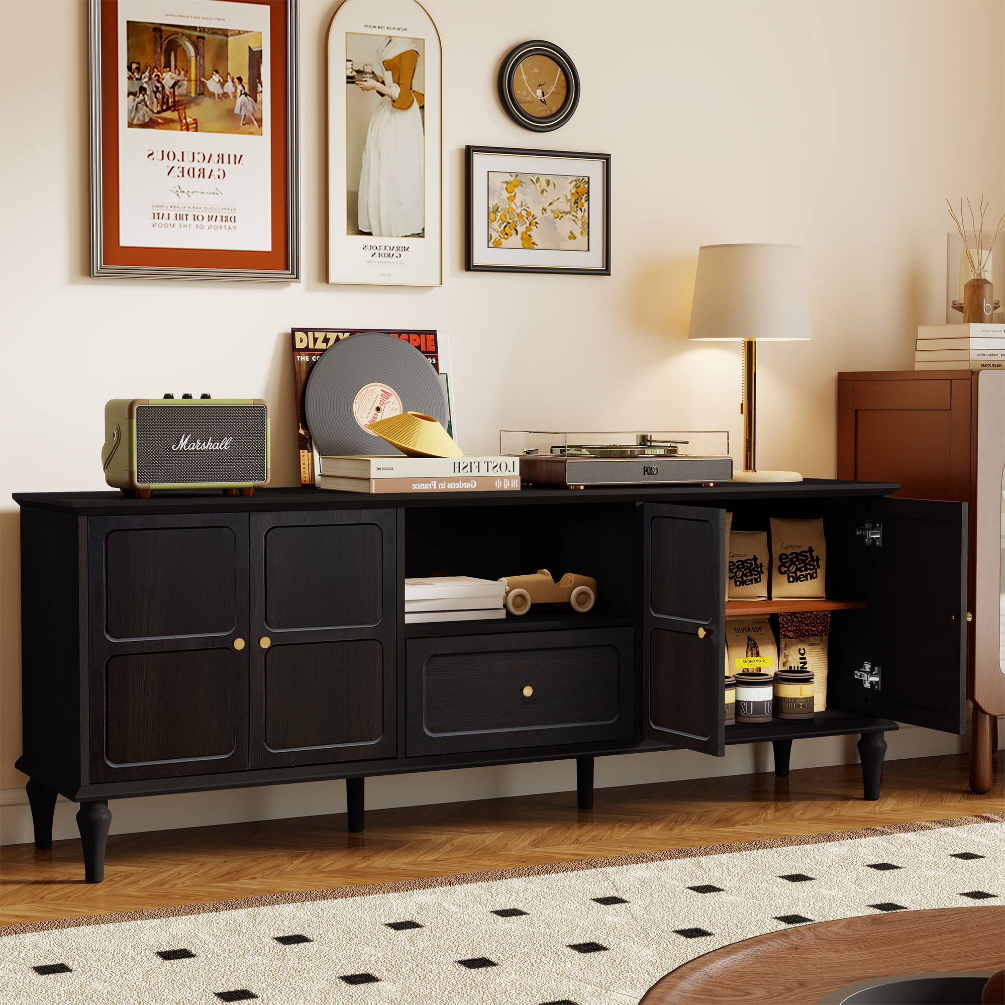 67" Mid-Century TV Stand for TVs up to 75 " , Retro Entertainment Center with Storage Cabinets and Drawers,Black