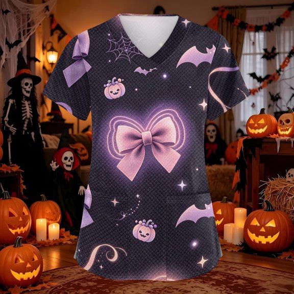 Domuza Women's Halloween Scrubs Shirts Funny Bat Graphic Casual Soft Stretchy Short Sleeve V-Neck T Shirts Breathable Nurse Uniforms Top with Pocket Red 4XL