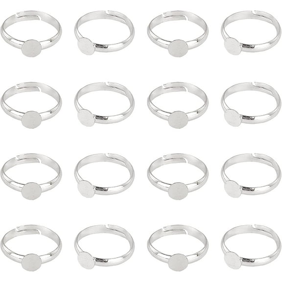 40pcs Adjustable Blank Rings Silver Rings Brass Finger Ring Settings Components Base with 6mm Round Pad for DIY Jewelry Making Birthday Women Brass