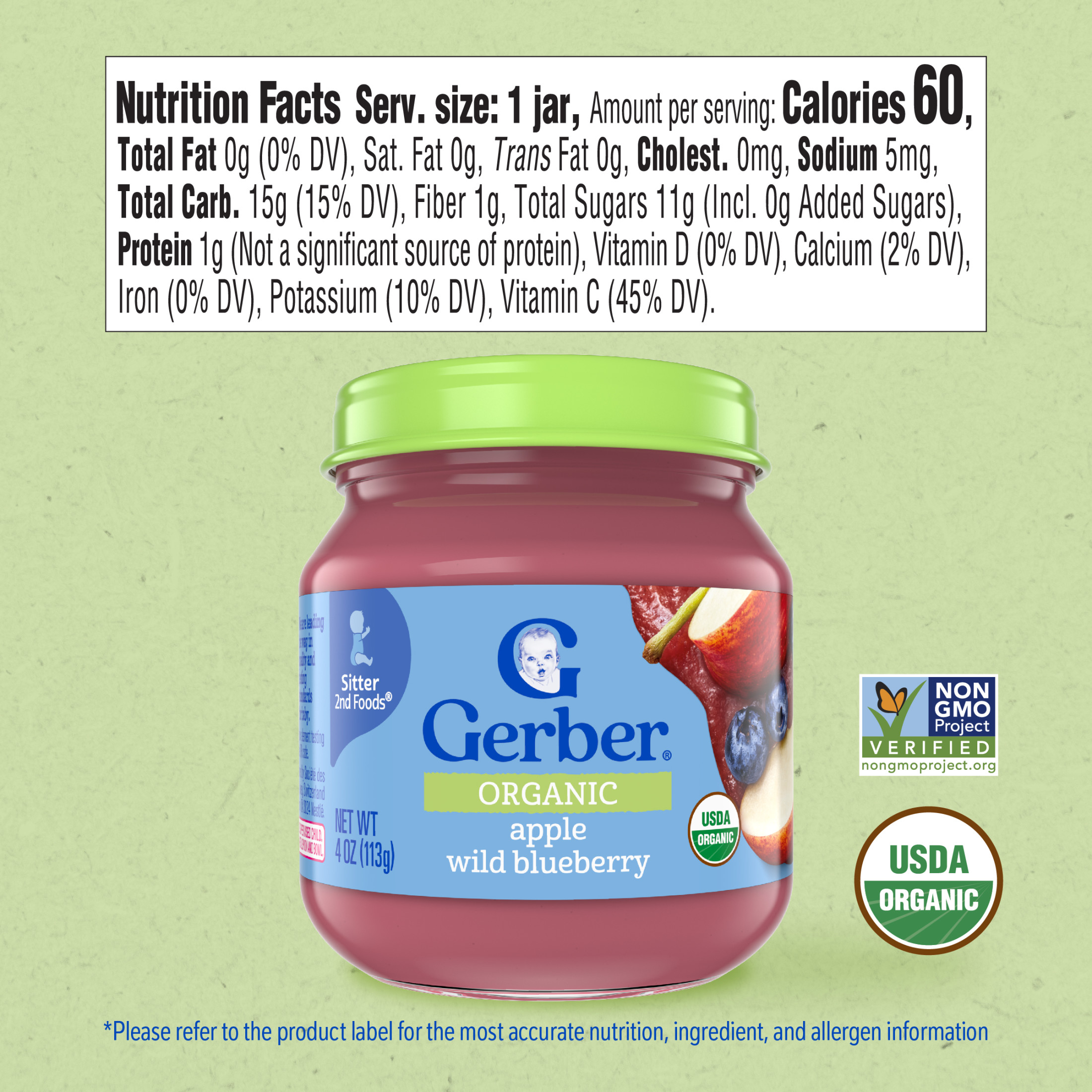 Gerber Stage 2 Baby Food, Organic Apple Wild Blueberry Jar, Non-GMO, Baby Puree, 10PK