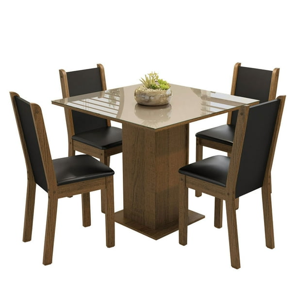 Juego de Comedor Mesa Tablero de Vidrio con 4 Sillas Marrón Crema Negro Tifani Madesa