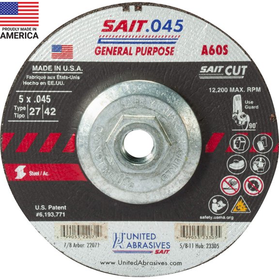 United Abrasives-SAIT 23305 A60S General Purpose Cut-Off Wheels (Type 27/Type 42 Depressed Center) 5" x .045" x 5/8-11", 10-Pack