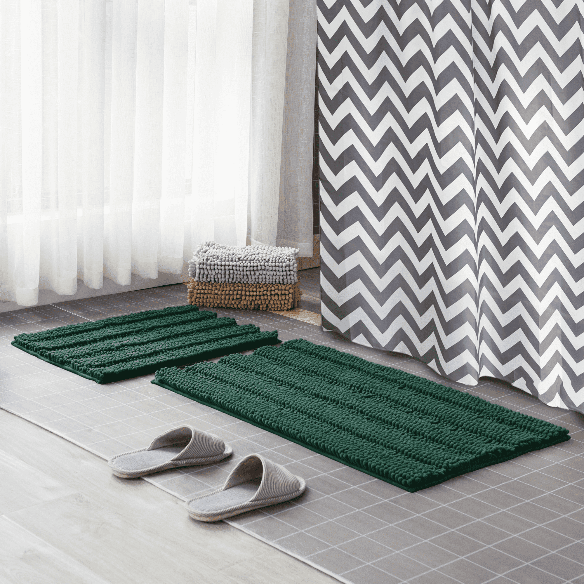 Subrtex Non-Slip Bathroom Rugs Chenille Soft Striped Plush Bath Mat Grey 24x60 1-Piece