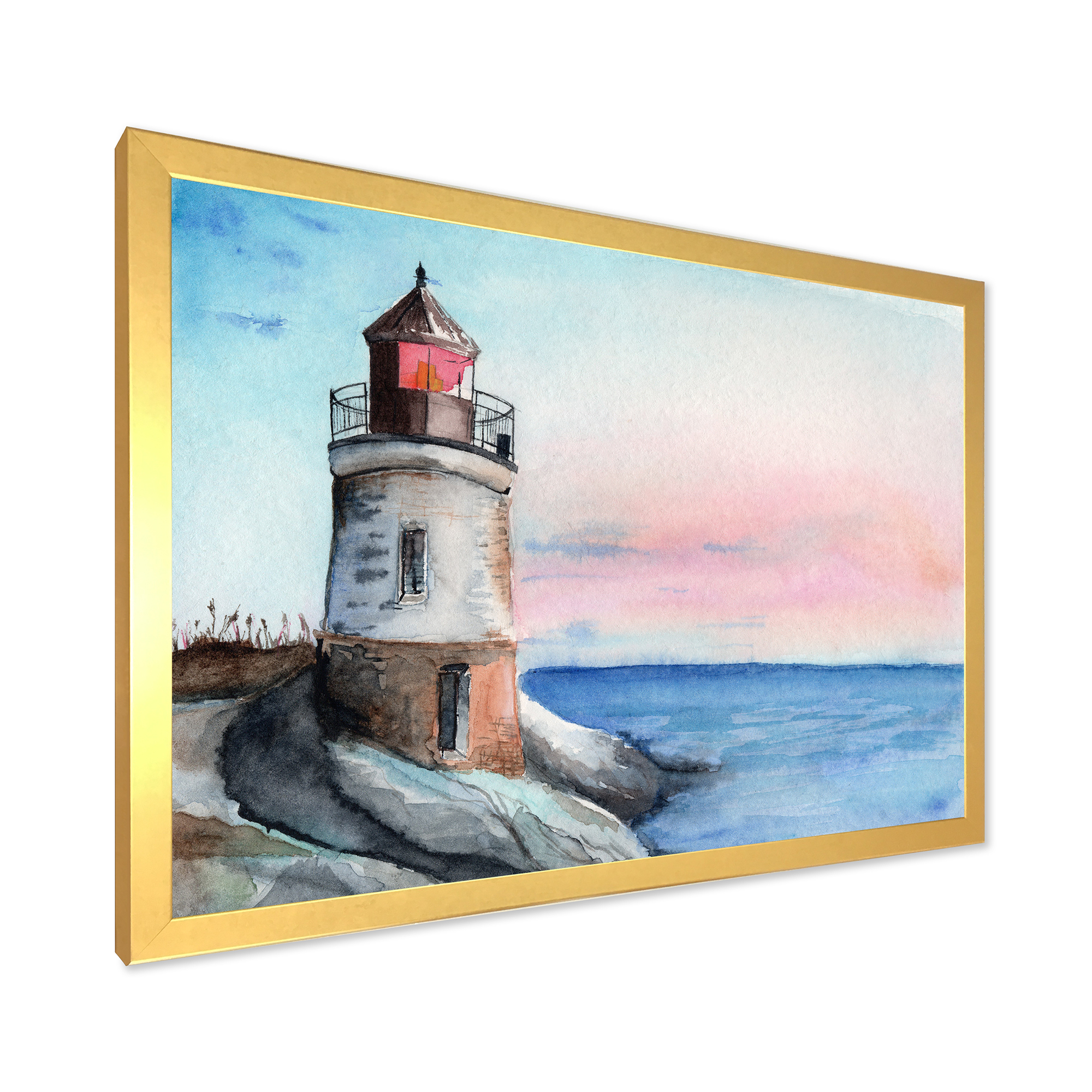 Designart 'A Lighthouse On A Rock Shore At Dawn' Nautical & Coastal Framed Art Print