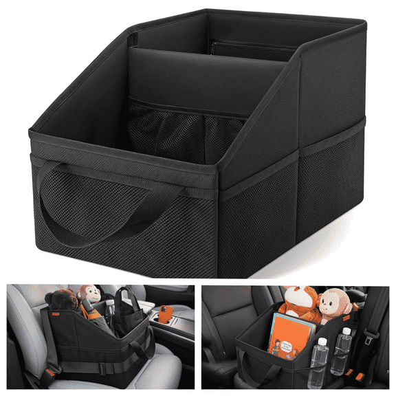 Car Organizer for Front and Back Seat - Vehicle Caddy with Dividers and Multiple Mesh Pockets, 15.7 x 9.8 x 9.4 Inch Storage Box