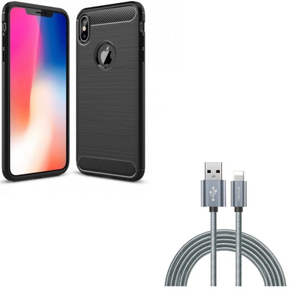 Charger Cord 6ft USB Cable w Carbon Fiber Case for iPhone XS Max - Power Wire Braided Long Sync and Slim Fit Cover Reinforced Bumper Shock Absorbent Black