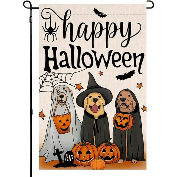 Happy Halloween Dog Pumpkin Garden Flag 12x18 Double Sided for Outside,Golden Retriever Fall Autumn Witch Hat Small Burlap Yard Flag for Outdoor Holiday Home Decor