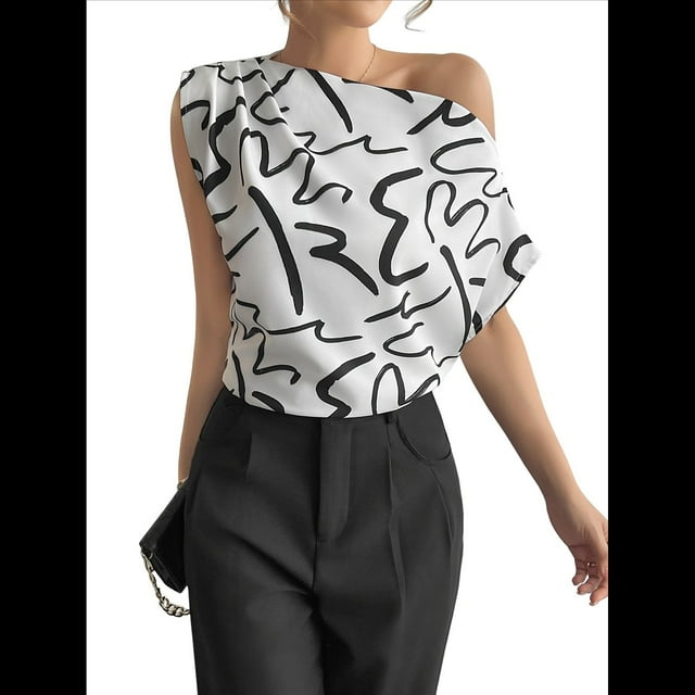 Blusa de Mujer con Cuello Asimétrico Estampado y Fruncido, Elegante, para Oficina y Trabajo y Negro XL