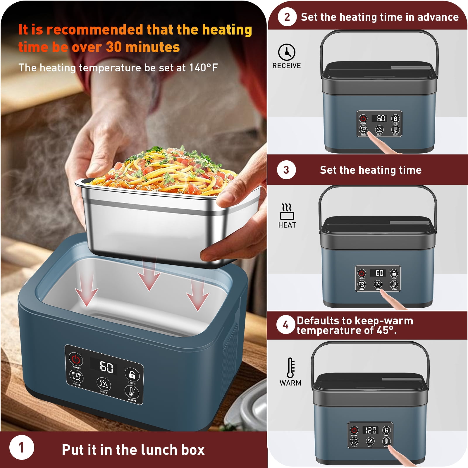 Jinghua 1.5 L Rechargeable Electric Heated Lunch Box Self-Heating Lunch Box Insulated Lunch Box for Work Travel Car Office School