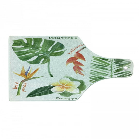 Plant Cutting Board, Bird of Paradise Palm Leaf and Assorted Exotic Flowers Watercolor, Decorative Tempered Glass Cutting and Serving Board, Wine Bottle Shape, Earth Yellow Fern Green, by Ambesonne