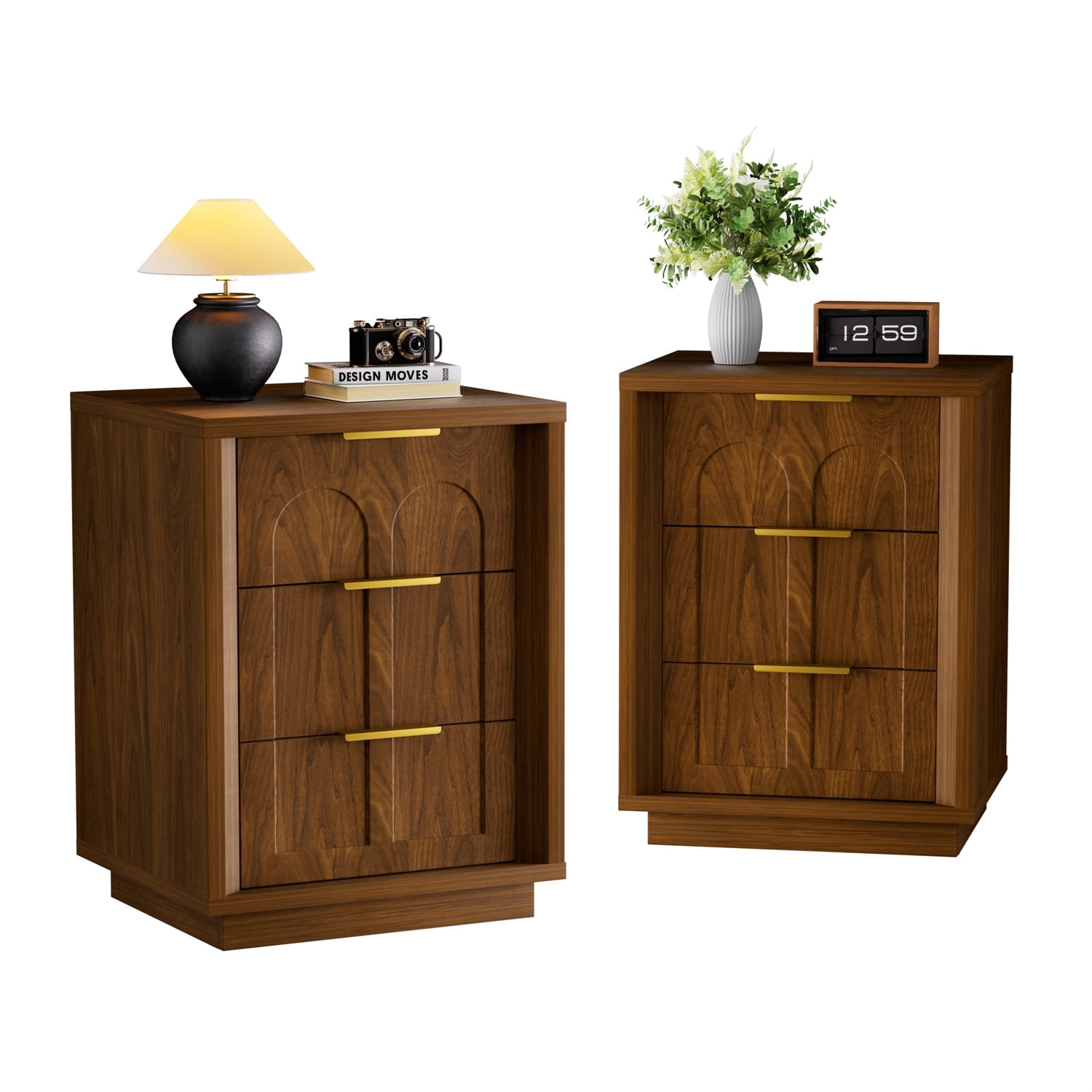 Hommoo 2-Piece Nightstand Set with Arched Drawer Fronts, 3-Drawer Mid-Century Modern Side Tables for Bedroom, Living Room & Office, MDF Construction with Gold-Tone Metal Handles, Walnut