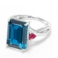 thumbnail image 3 of Gem Stone King 10K White Gold London Blue Topaz and Red Created Ruby 3 Stone Engagement Ring for Women (10.04 Cttw, Emerald Cut 14X10MM, Trillion 4MM, Size 5), 3 of 5