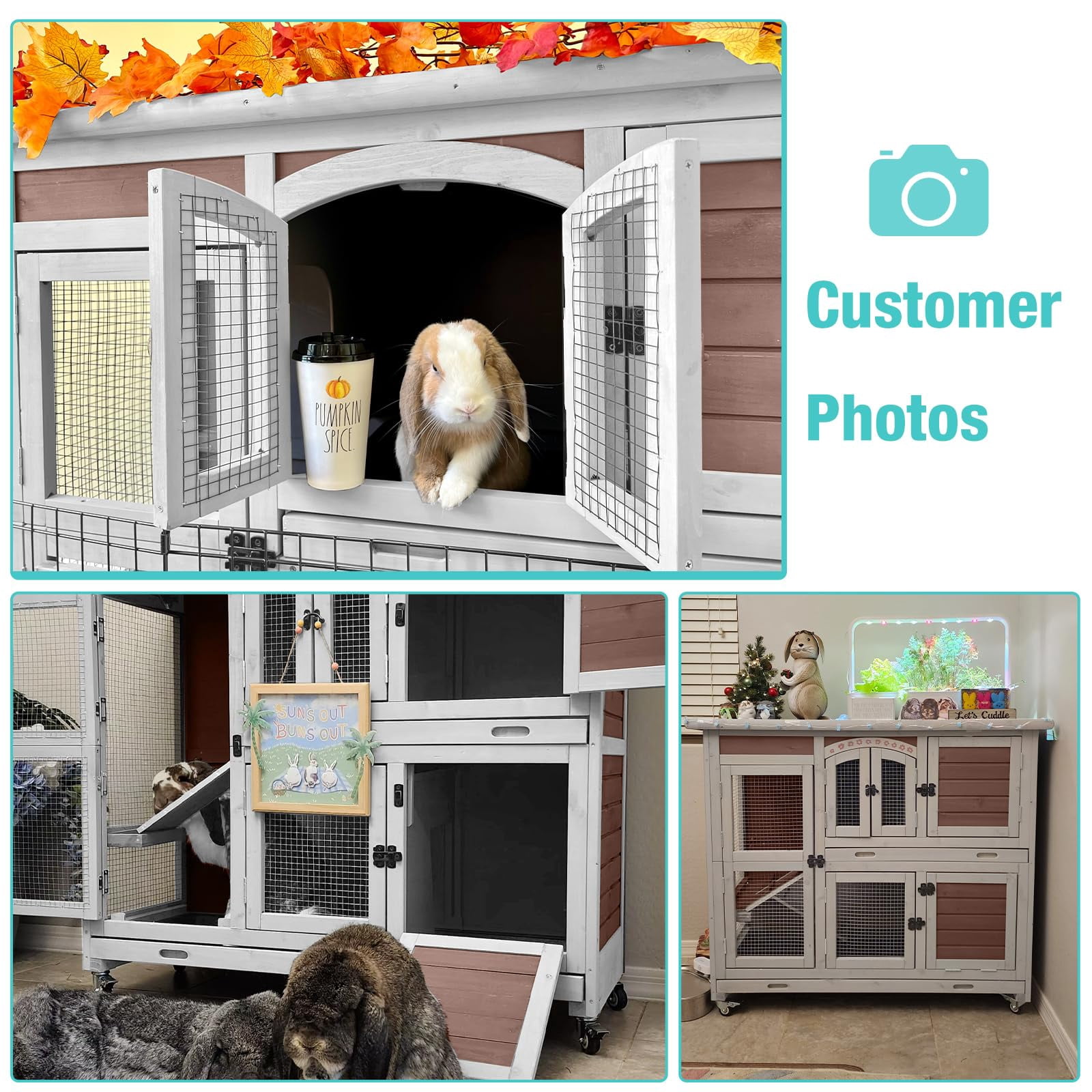 MEDEHOO 47" Two Story Rabbit Hutch with Wheels, Indoor Outdoor Bunny Cage Guinea Pig Cage, 2 Deep No Leak Trays Included, Brown