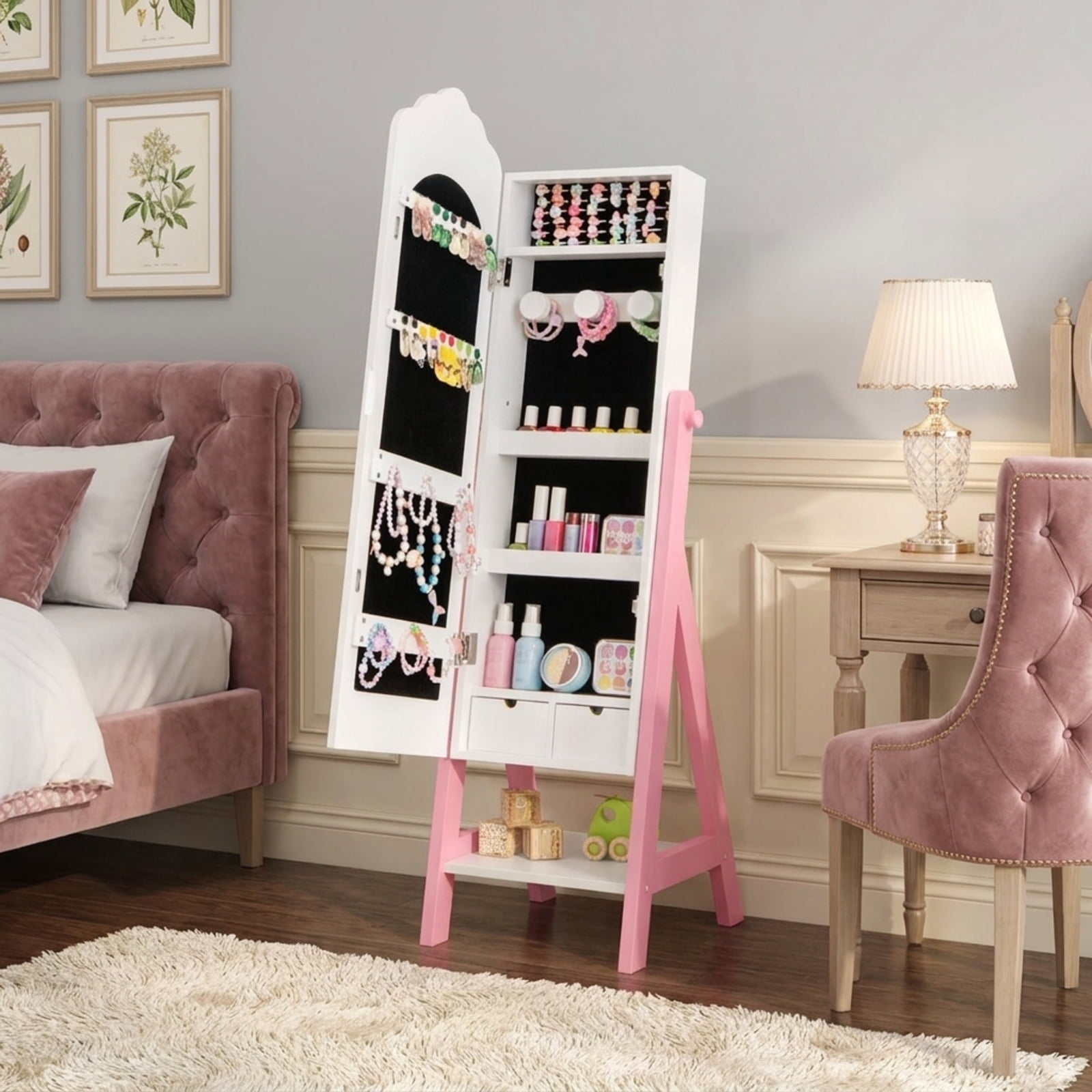 Furnibear 2-Piece Kids Vanity Table and Stool Set with Tri-Fold Mirror and Jewelry Armoire Cabinet with Full-Length Mirror for Girls, White