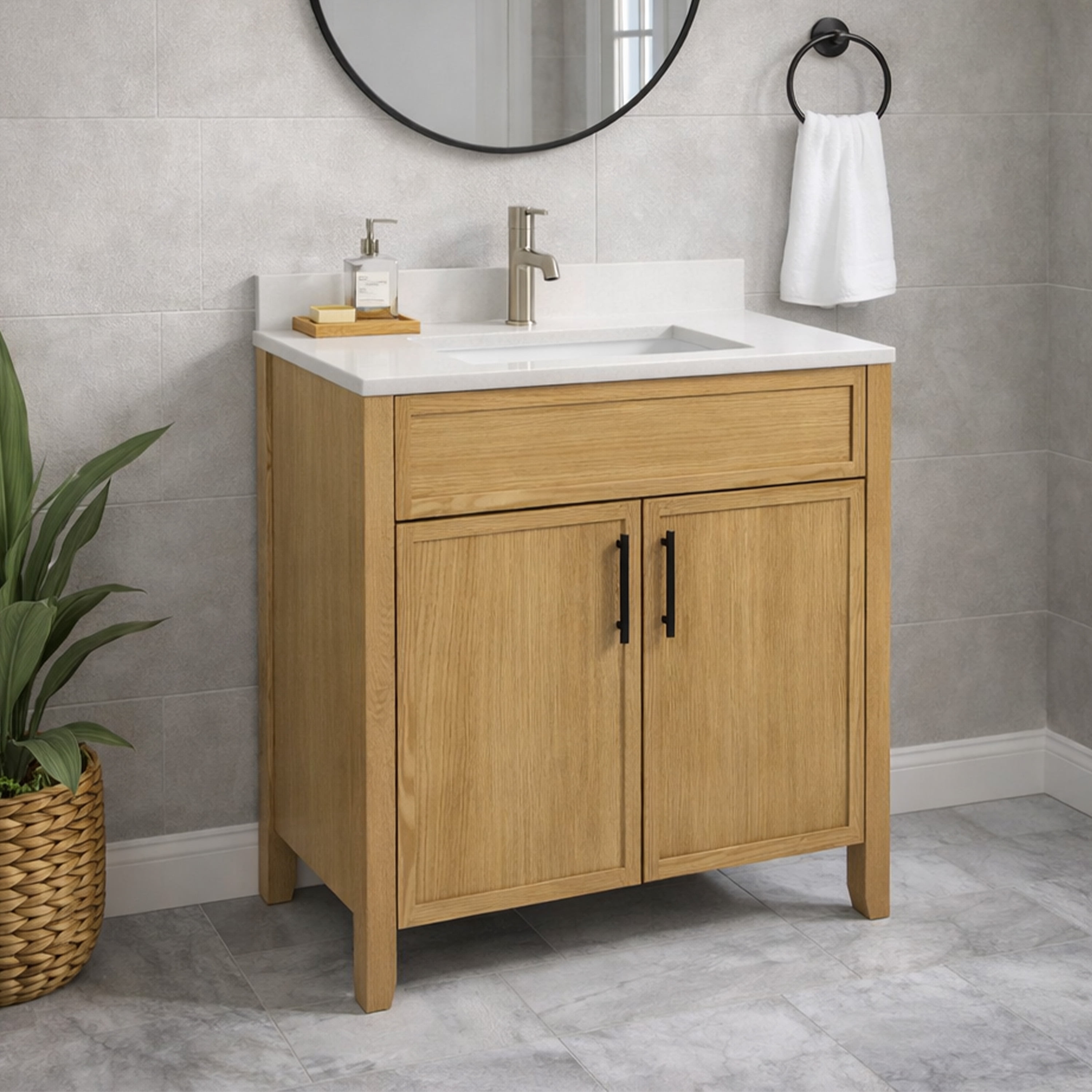 Design House Dawson 30-Inch Bathroom Vanity Cabinet, Fully Assembled, 2-Door Freestanding, Comfort Height 34 in., Riffed Oak, Matte Black Hardware, 228429-ROAK-FA