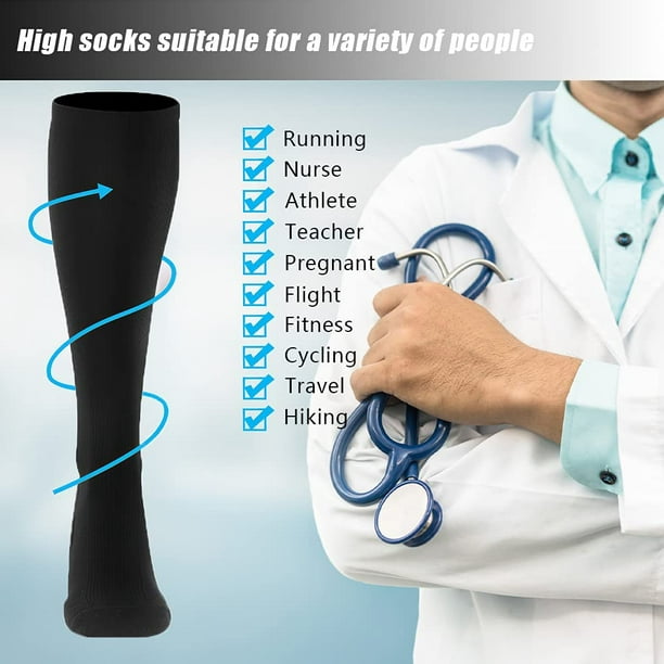 3 paires de chaussettes de compression pour hommes et femmes (15-20 mmHg),  bas longs au genou pour gonflement, voyage, infirmière, vol, course à pied,  cyclisme (noir, L/XL) 