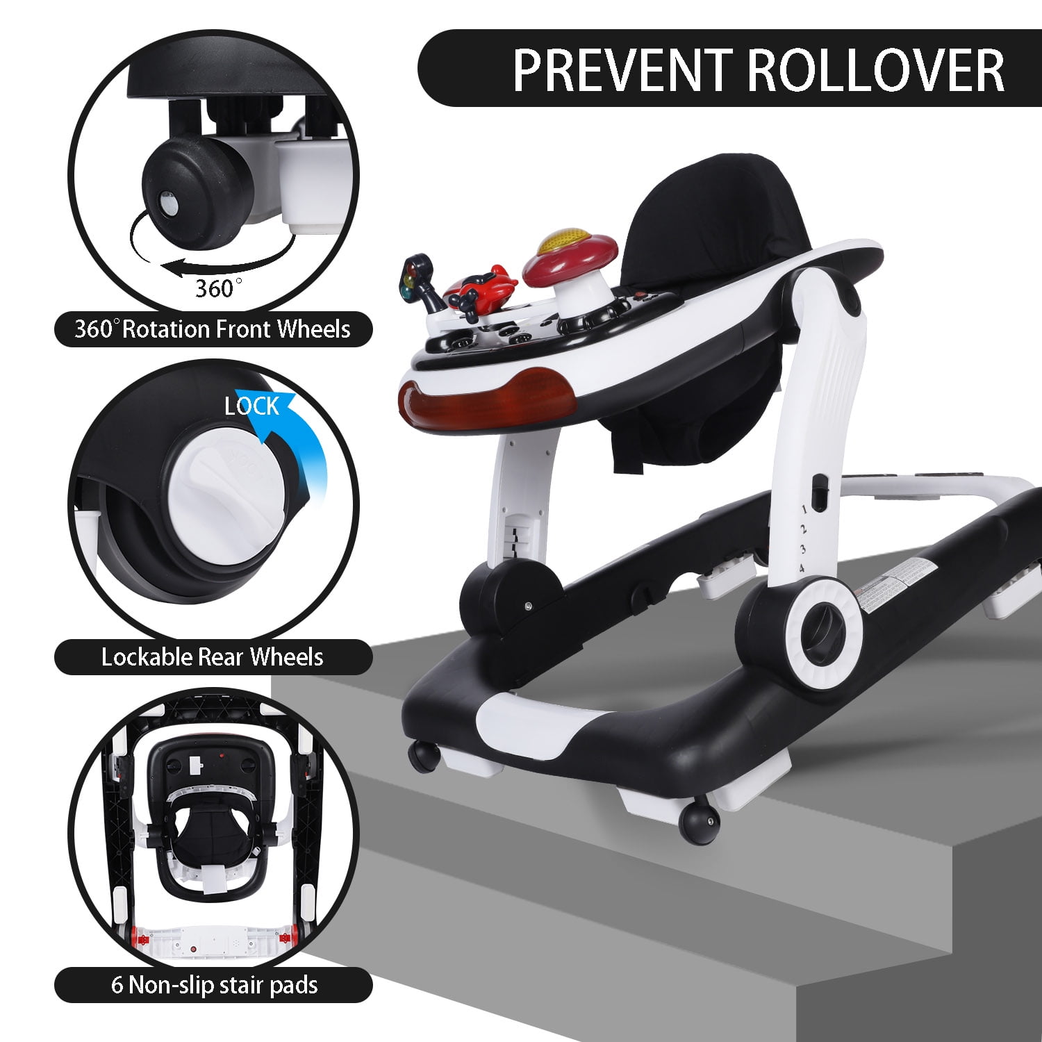 LINLUX Baby Walker w/ Music & Lights, Toddler Activity Walker w/ Seat, Black