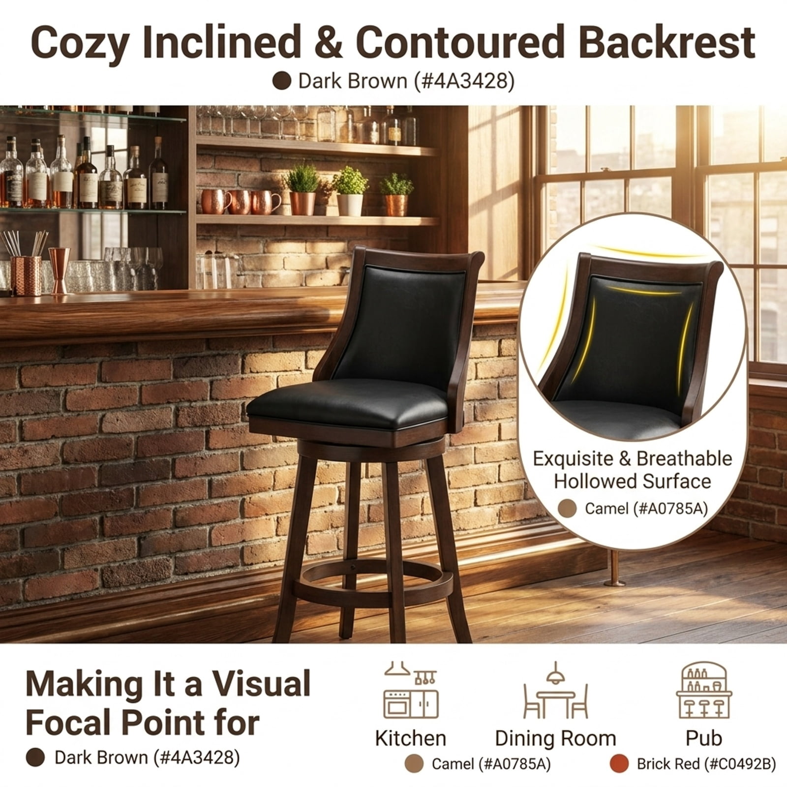Furnibear Set of 2 Bar Stools Swivel Bar Chairs with Hollowed Backrest and Footrest-26 inches for Kitchen Island Counter Bar Pub Dining Home, Taupe