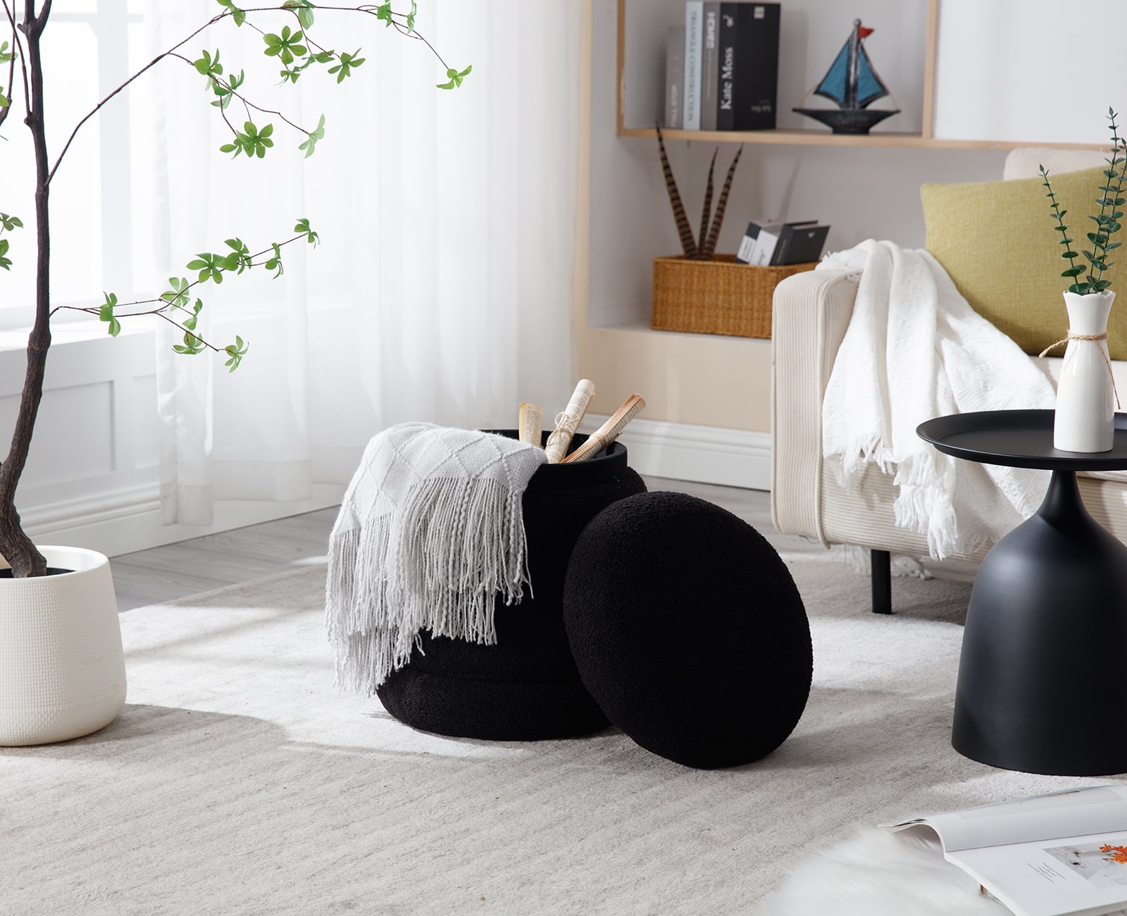 Guyou Round Storage Ottoman, Upholstered Sherpa Footstool, Small Boucle Vanity Stool, Round Side Coffee Table Padded Seat for Living Room Bedroom Aisle Bedside, Black