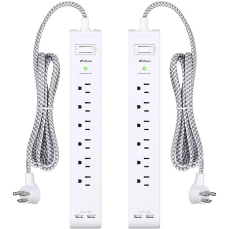 2 Pack Power Strip Surge Protector - 6 Outlets 2 USB Ports 5Ft Long Extension Cords, Flat Plug Overload Protection Outlet Strip, 900 Joules, Wall Mount for Home, Office and Dorm Essential, ETL Listed